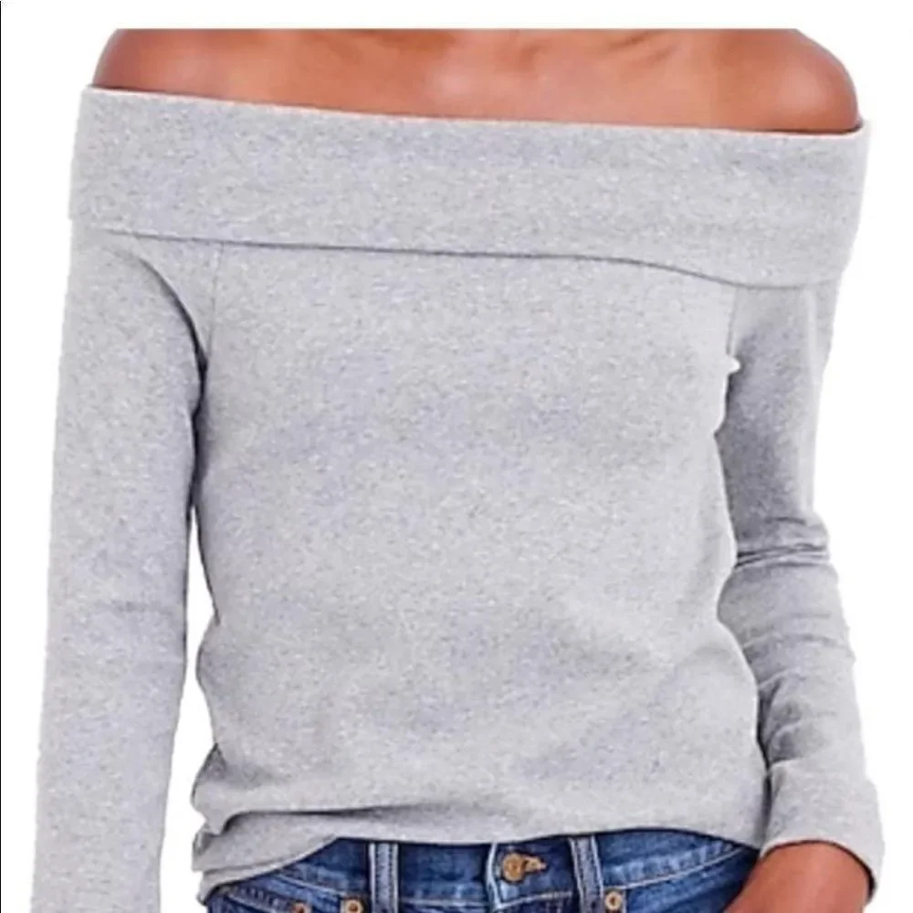 J Crew  grey off the shoulder long sleeved top